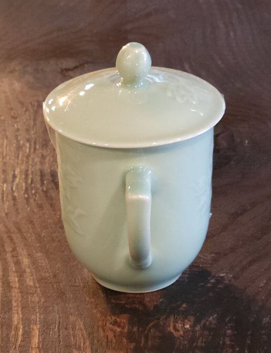 Celadon Coffee Cup W/Floral Motif And Lid