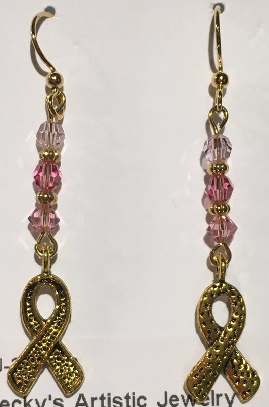 Ribbons Of Hope Earrings, Pink Crystals, OOAK