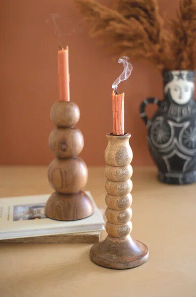 SET OF TWO TURNED WOODEN TAPER CANDLE HOLDERS
