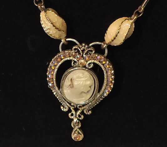 Vintage Cameo Brooch Necklace w/ Matching Drop Earrings (gold in color)