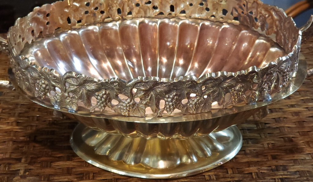 Vintage Solid Brass Oval Pedestal Bowl Grapevine Border - Andrea By Sadek