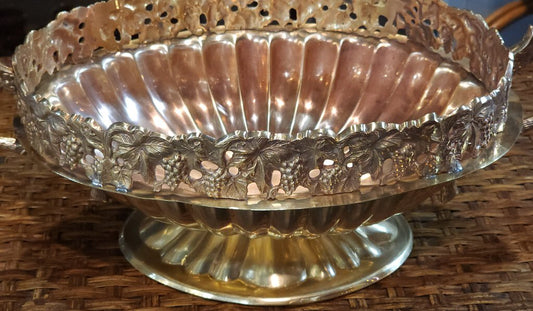 Vintage Solid Brass Oval Pedestal Bowl Grapevine Border - Andrea By Sadek