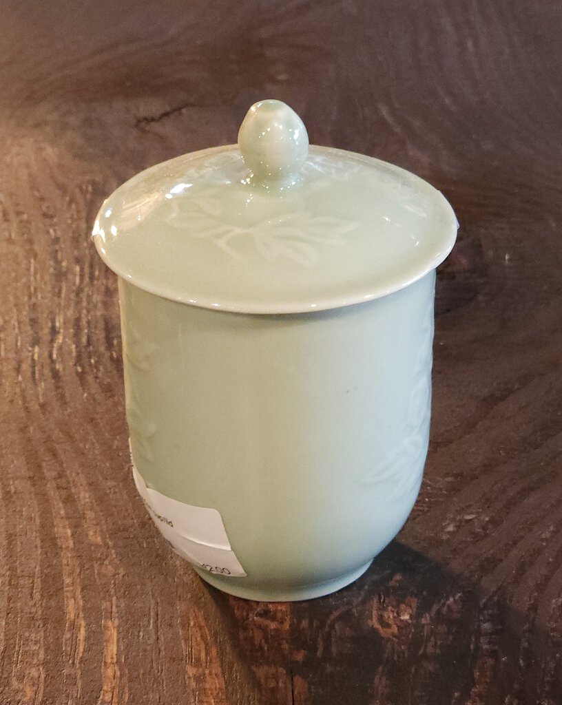 Celadon Coffee Cup W/Floral Motif And Lid