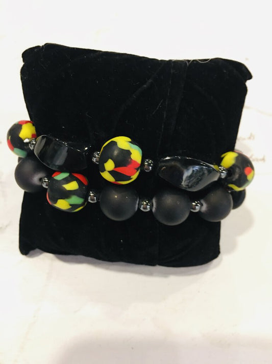 bracelets, ghanaian panafrican glass beads, black obsidian and hematite 1 pair