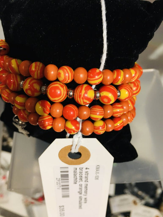 4 strand memory wire bracelet, orange simulated malachite