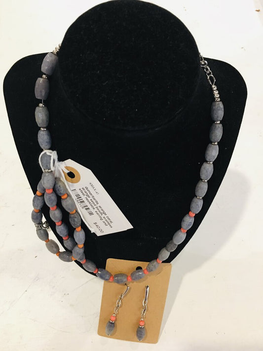 dumortiarite, orange coral, orange seed beads, srainless steel. necklace, earring and bracelet. 3 pc set