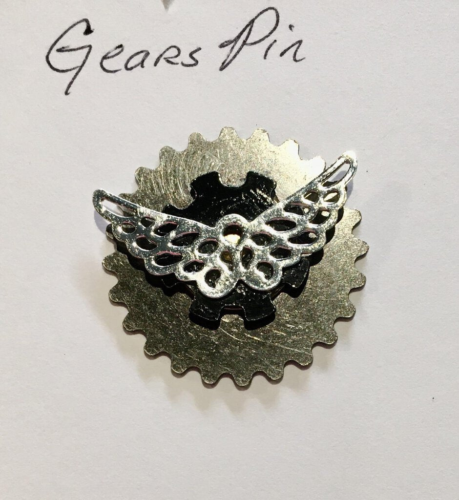 Steampunk Gears Pin With Silver Wings