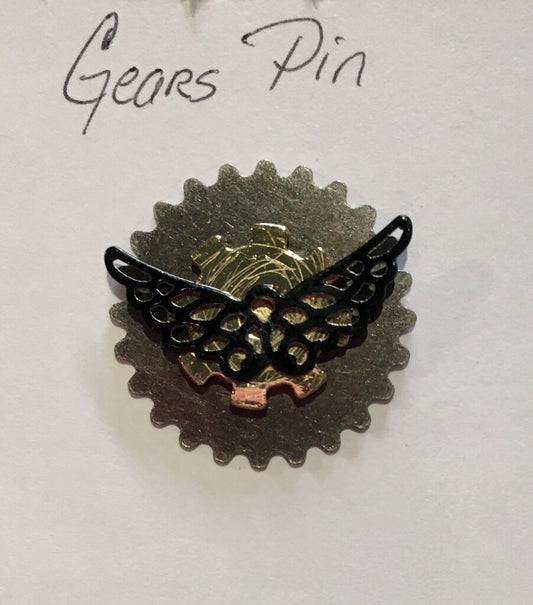 Steampunk Gears Pin With Black Wings
