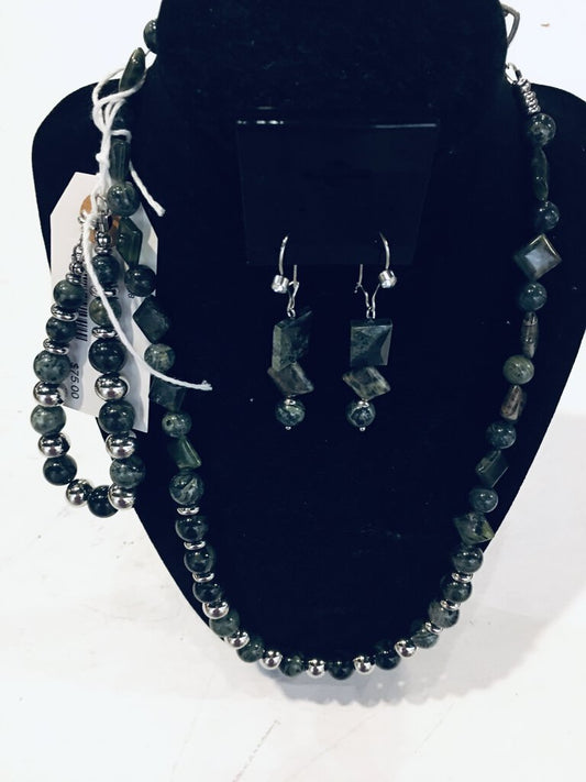 Kambaba stone and stainless steel necklace earring and bracelet set