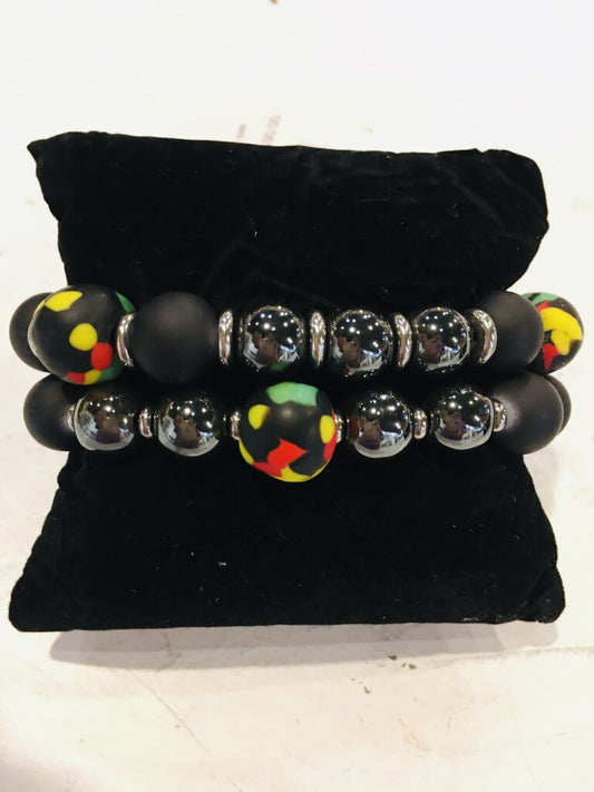 bracelets, ghanaian panafrican glass beads, hematine, stainless steel 1 pair